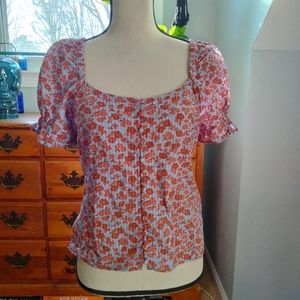 Madewell Orange Blue Smocked Back Puff Sleeve Cotton Top 2